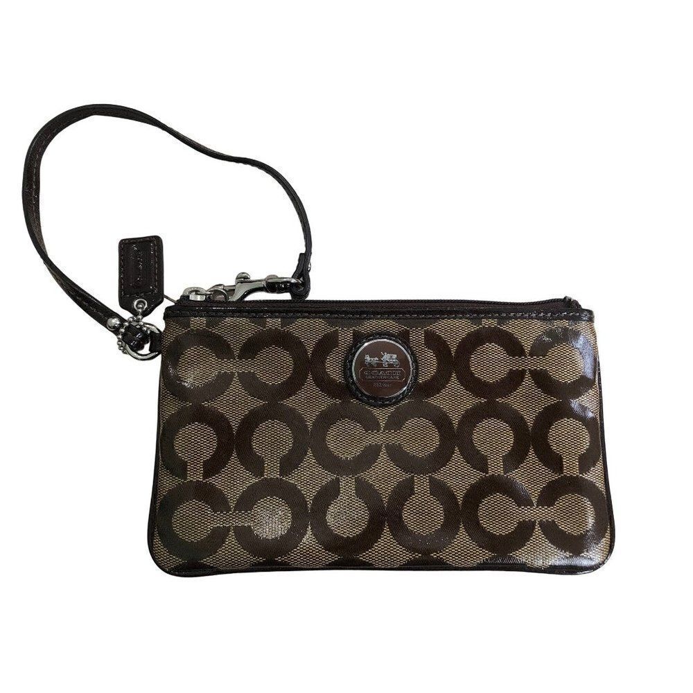 Coach Wristlet Clutch Brown Tan Leather Small Signature C